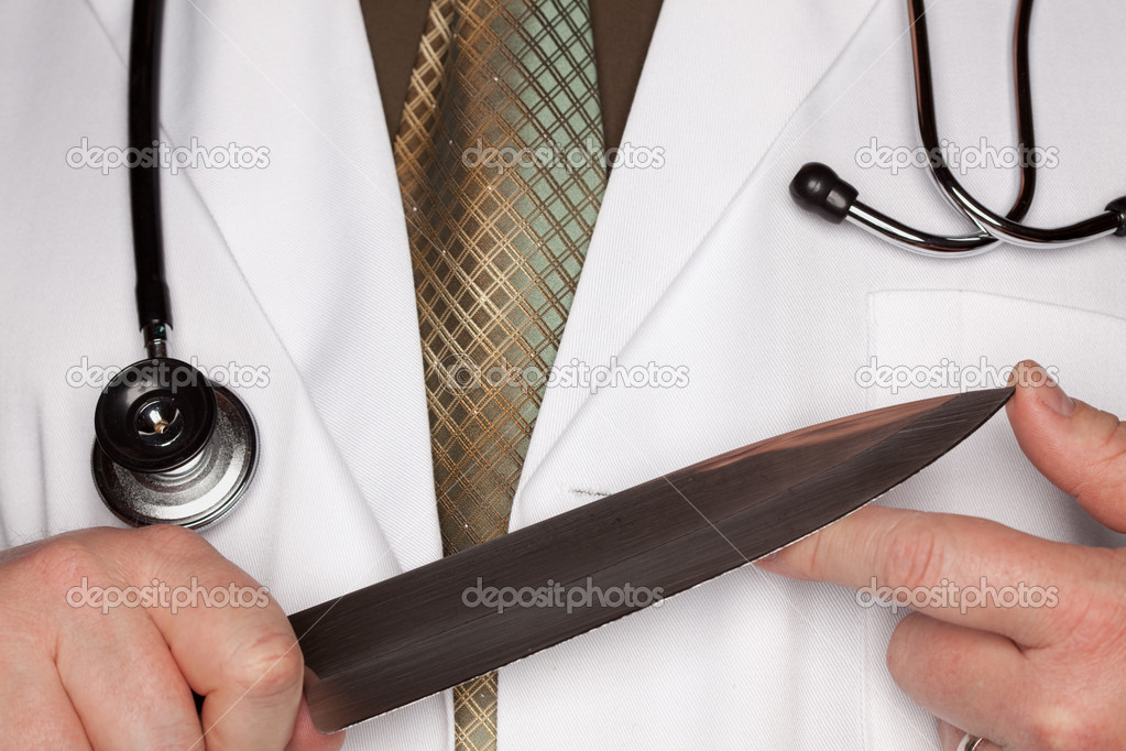 Doctor with Stethoscope Holding A Very Large Knife.