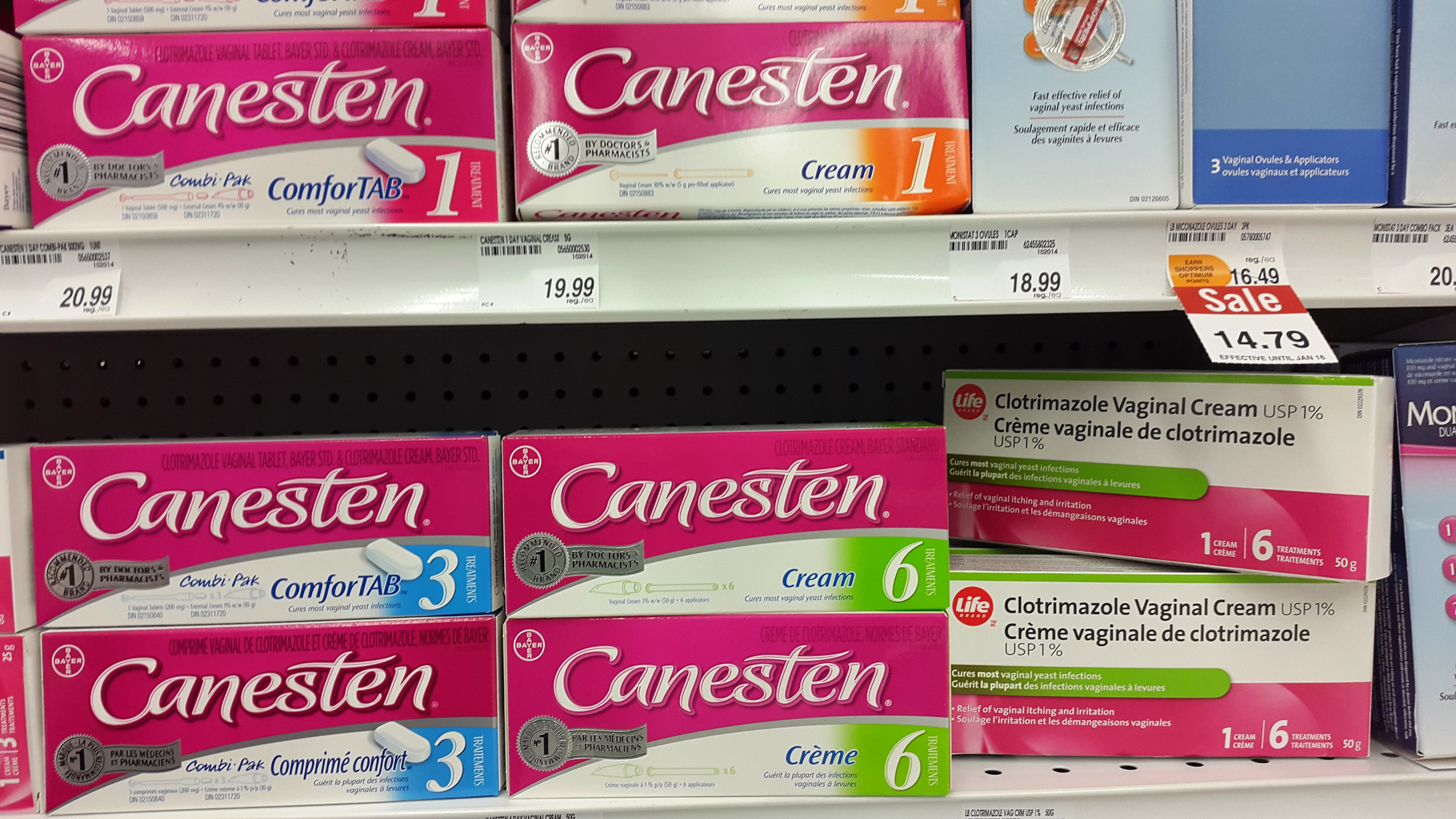 Canesten clotrimazole cream for yeast infections, in drug store